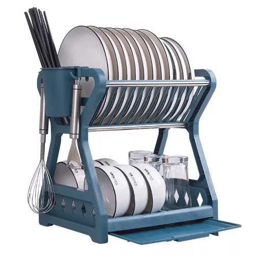 Dish Drying Rack2 Tier Dish Racks With Tray, Cup Utensil Holder - Blue