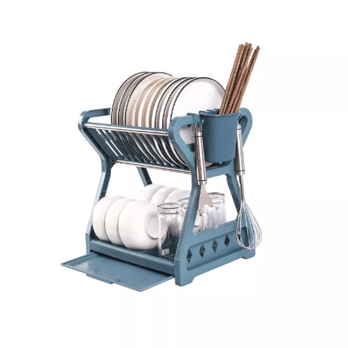 Dish Drying Rack2 Tier Dish Racks With Tray, Cup Utensil Holder - Blue