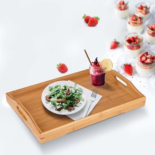 Bamboo Wooden Food And Tea Serving Tray With Double Handles - Set Of 3