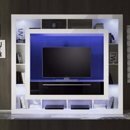 Melody LCD TV Stand - Gloss White & Black with Shelving and LED