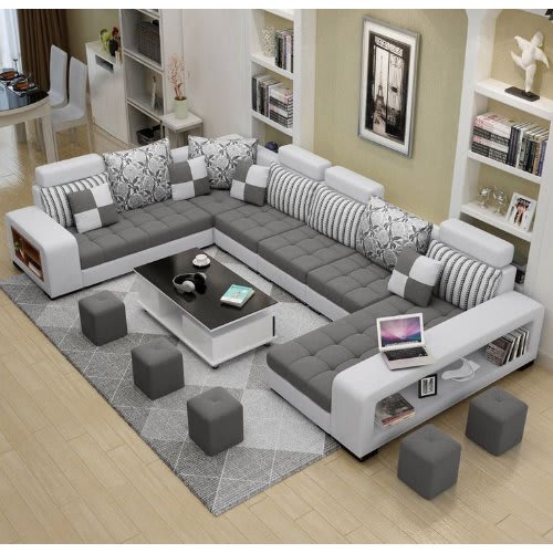 Executive Noble Sup U-Shaped Sofa - Multicolor - + Center Table & 5 Side Stools