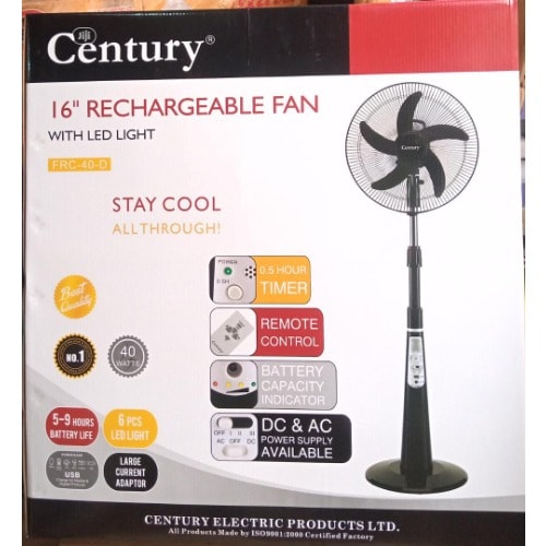 16" Rechargeable Fan + Remote + Led Light - Black