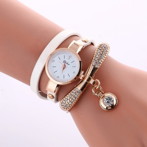 Women Leather Rhinestone Wrist Watch Set -Beige