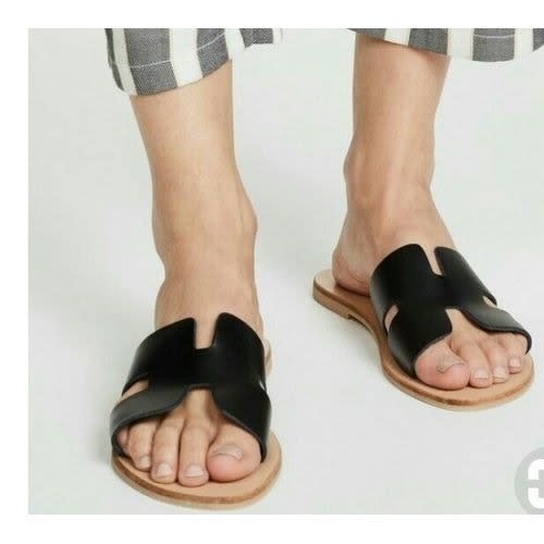 Men's H Leather Slippers - Black