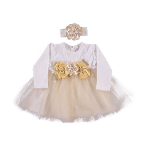 Baby Girl Full Roses Dress With Beads Beige
