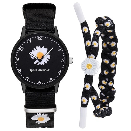 Single Daisy Dial Women Watch With Matching Bracelet - Black