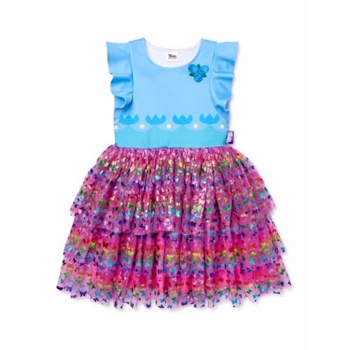 Trolls World Tour Ruffle Sleeve Metallic Foil Tiered Tulle Dress