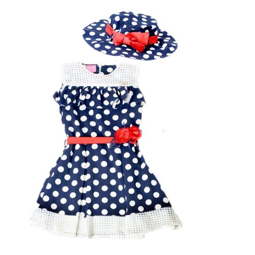 Girsl' Polka Dots Dress with Cap - Blue