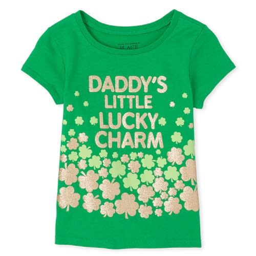 Girl's Glitters Daddy Lucky Charm Graphic Top - Green