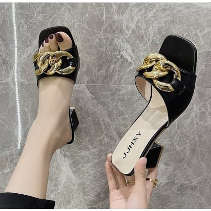 Big Chain Mid Block Heel Slipper