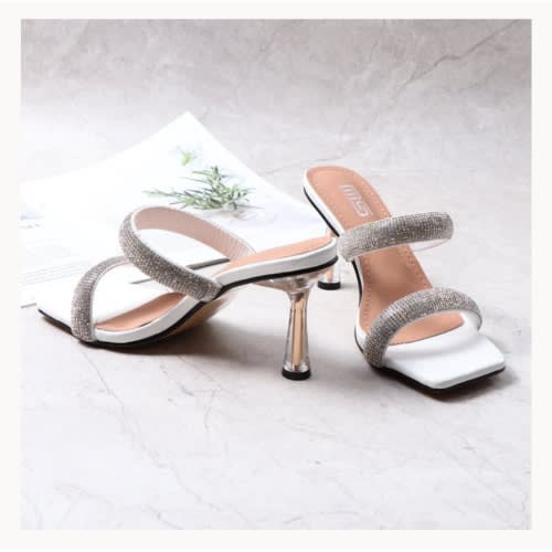 Rhinestone Decor Two Band 8.5cm Stiletto Heeled White Slippers
