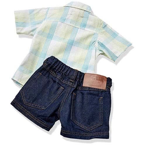 Shortsleeve Plaid Woven Shirt And Denim Short Set