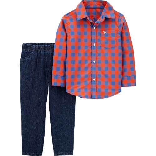 2 Piece Plaid Button Top & Twill Denim Pants