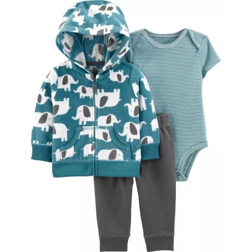 Baby Boy's  Extra Soft Elephant Hooded Jacket, Bodysuit & Pant - Teal Blue