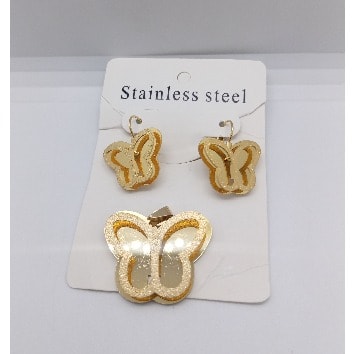 Frosted Butterfly Hoop Earrings And Pendant Set - Gold