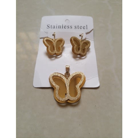 Frosted Butterfly Hoop Earrings And Pendant Set - Gold