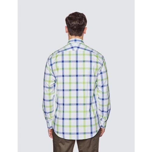 Low Collar Check Relaxed Slim Fit Shirt -  White & Green