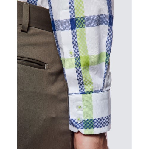 Low Collar Check Relaxed Slim Fit Shirt -  White & Green