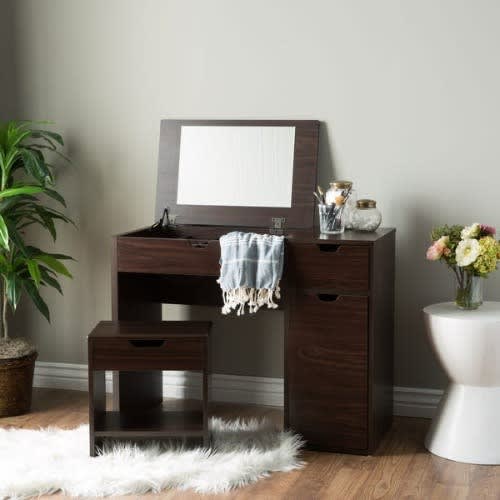 Multi-storage Vanity Table With Mirror & Stool Set