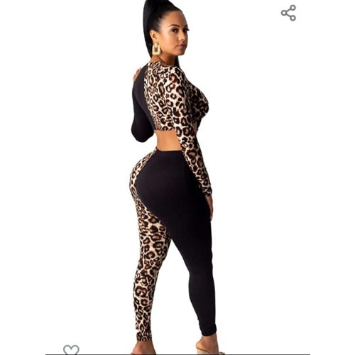 Leopard Print And Black Patch Work Long Sleeve Jumpsuit