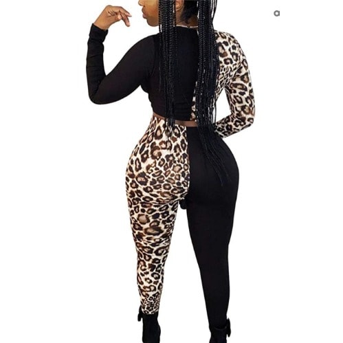 Leopard Print And Black Patch Work Long Sleeve Jumpsuit