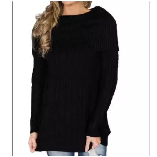 Black Fold Over Poncho Style Sweater - Black
