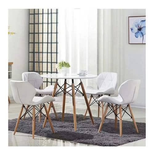 Wooden Leg Dinning Table With 4 Set Of Foam Chair - White