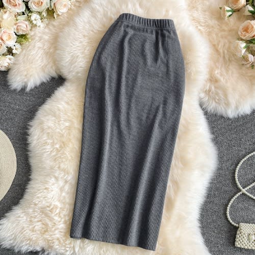 Elastic Ladies Drawstring Split Pencil Skirt - Gray