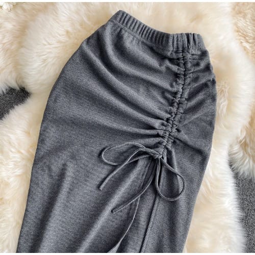 Elastic Ladies Drawstring Split Pencil Skirt - Gray