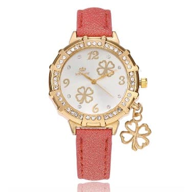 Women's Rhinestone Watch With Clover Pendant -peach