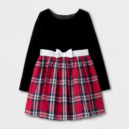 Girls' A Line Dress Black & Red Plaid Velvet