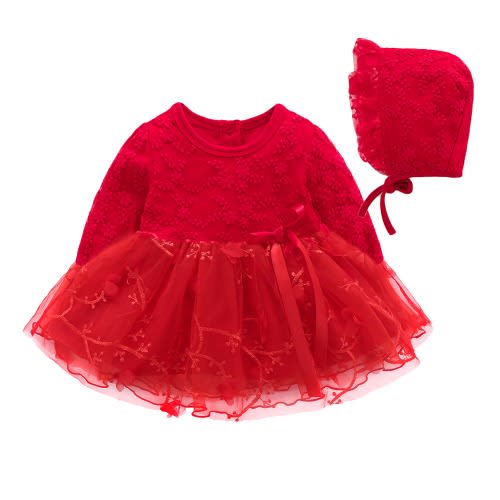 Girl Newborn Christening Longs With Cap - Red