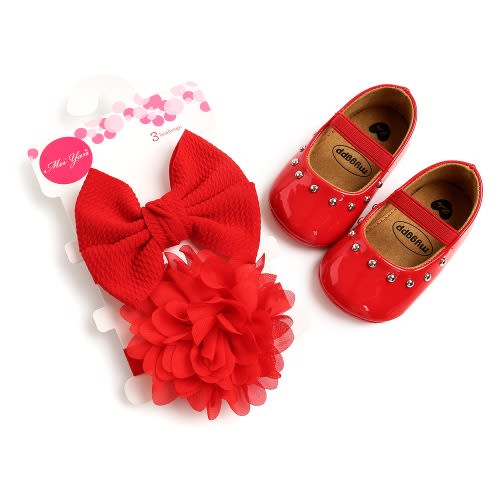 Baby Top Stud Shoes With Headbands - Red