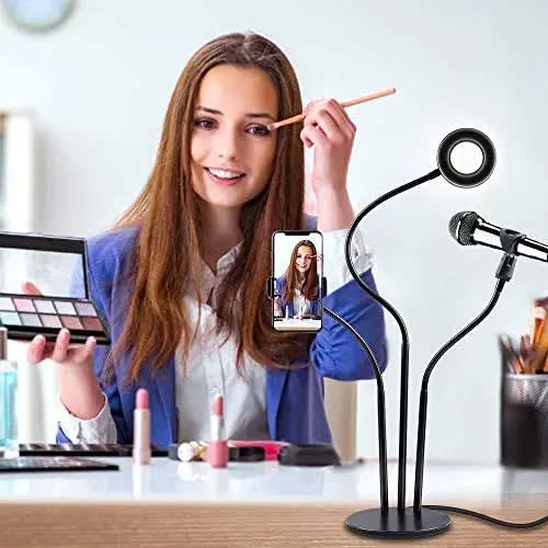 Professional Selfie Ring Light + Cell Phone & Webcam Holder Stand