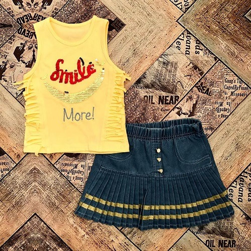 2 In 1 New- Season Turkey Girls  Yellow Top And Jeans Skirt -