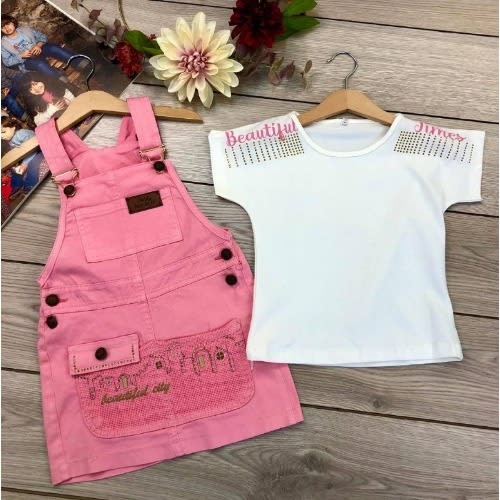 Girls Stylish Pinafore Set - Pink & White