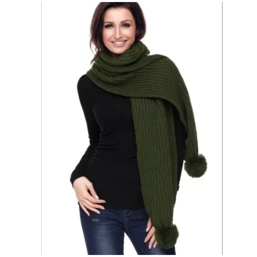Pom Pom Ribbed Knit Scarf - Green