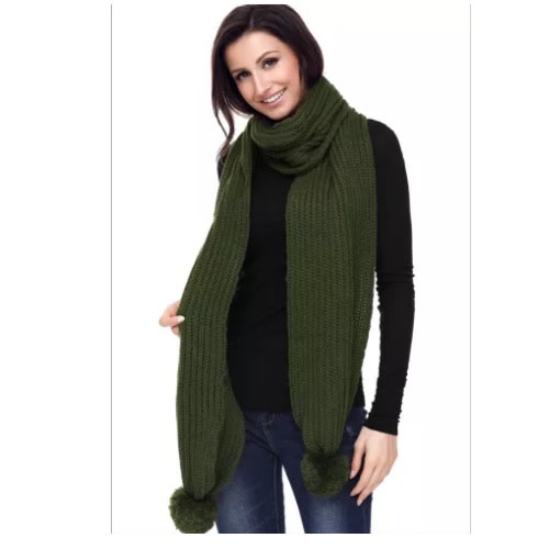 Pom Pom Ribbed Knit Scarf - Green