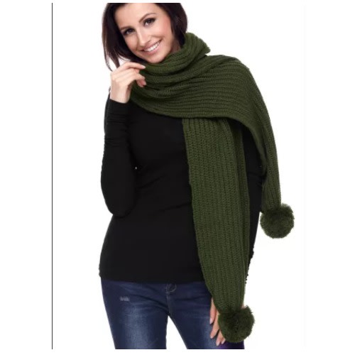 Pom Pom Ribbed Knit Scarf - Green