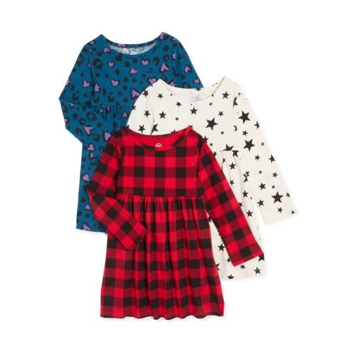 Girls Organic Cotton Long Sleeve Knit Skaters Dress-  3 Pcs