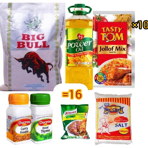 Rice 10kg Tasty Tom Tomato Jollof, Mamador Vegetable Oil, Knorr Chicken, Curry, Thyme & Salt