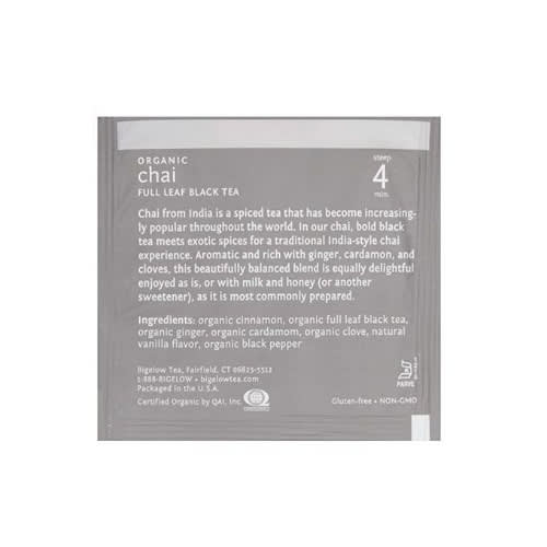 Organic Chai Black Tea, 50 Bags Per Box Whole Leaf Teas