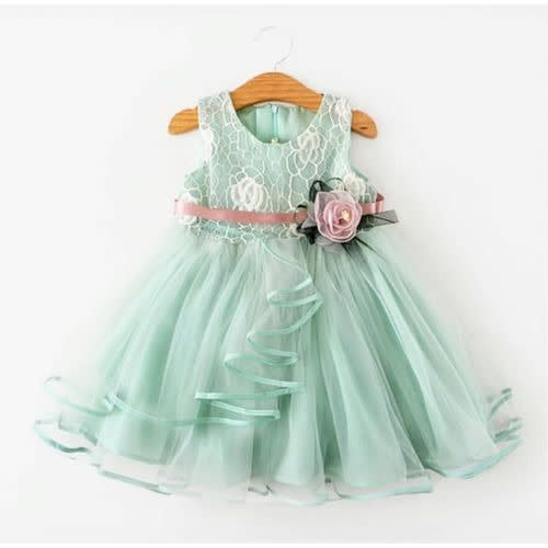 Girl's Pleated Lace With Side Rose Gown - Green