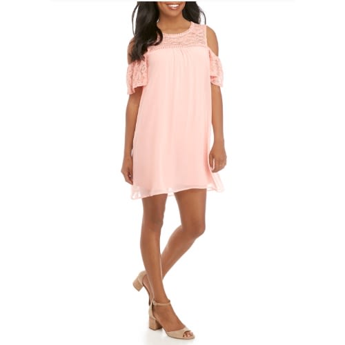 Junior Cold Shoulder Lace Shift Short Length Dress-peach