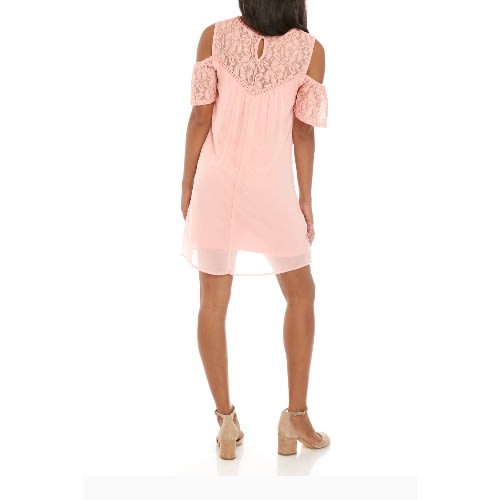 Junior Cold Shoulder Lace Shift Short Length Dress-peach