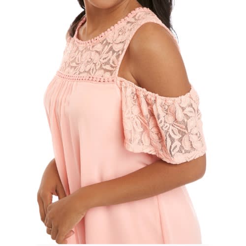 Junior Cold Shoulder Lace Shift Short Length Dress-peach