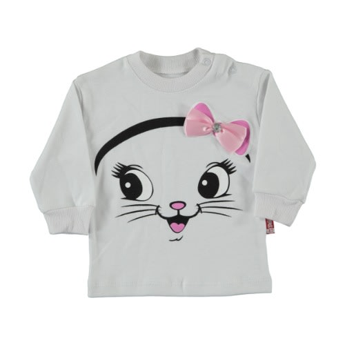 Baby Girl Sweatshirt Cat Face Ribbon - White