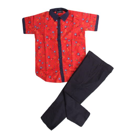 Boy's 2piece Shirt & Trouser - Red Shirt And Navy Blue Trouser
