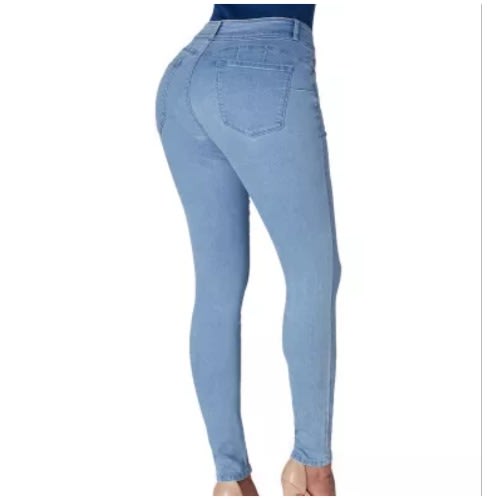Light Denim Cuffed Butt Lifting Skinny Jeans - Light Blue