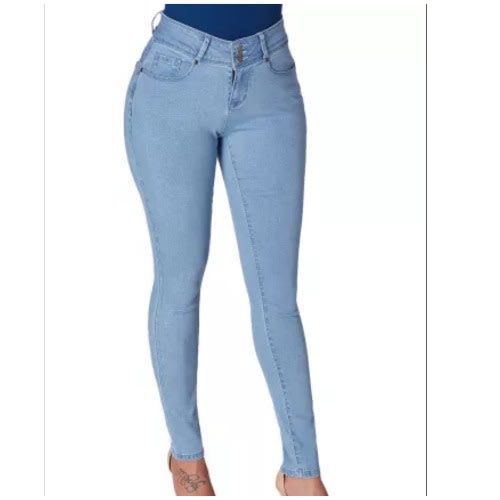 Light Denim Cuffed Butt Lifting Skinny Jeans - Light Blue